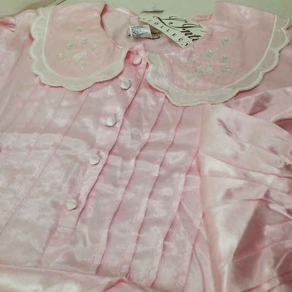 NWT NOS Prairie Collar Nightgown -M Buttons Pin-Tucks Puff LSL Shiny Pink Satin - Picture 6 of 11